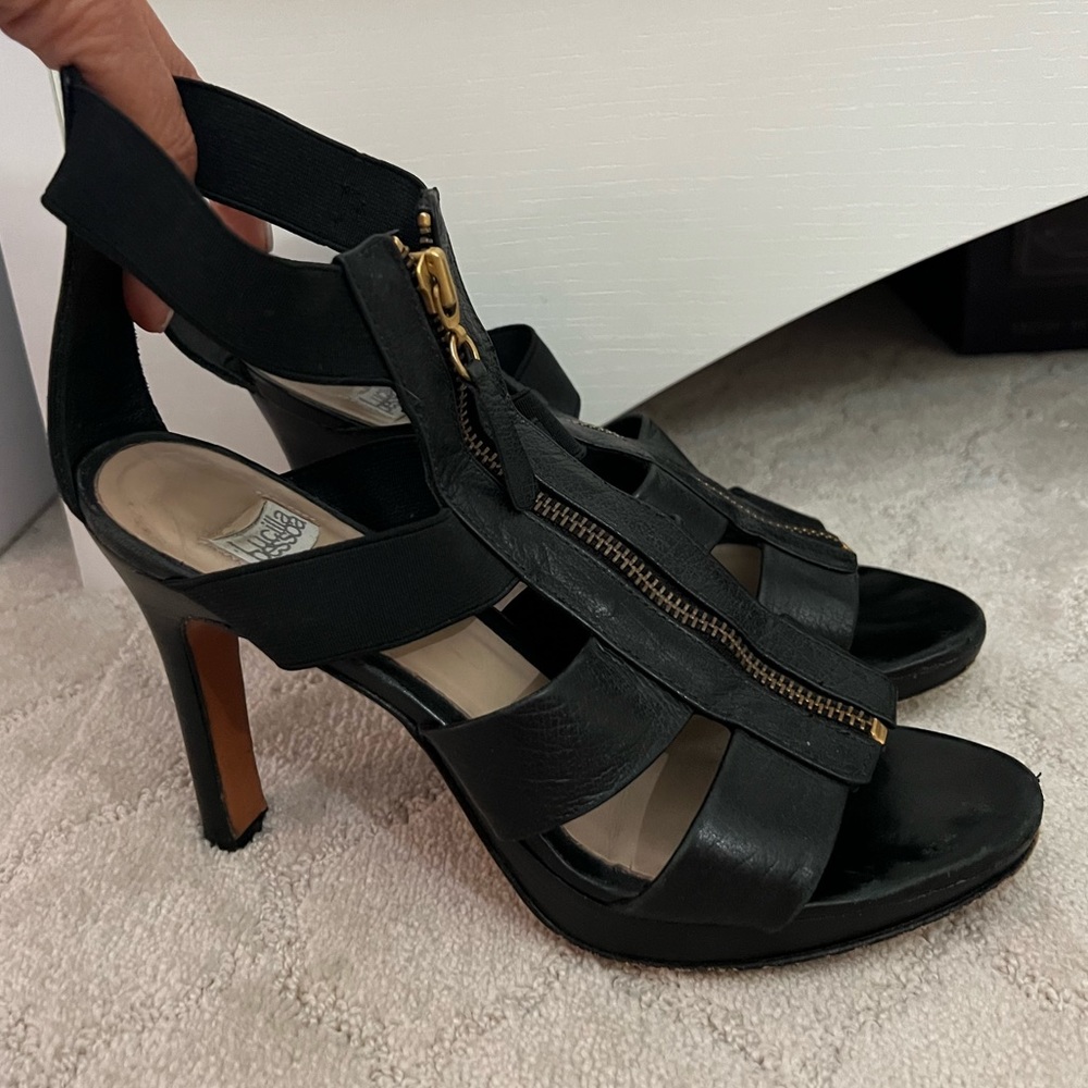 Lucilla Pessoa Black Leather Zipper Heels, Size 38 (US 8)